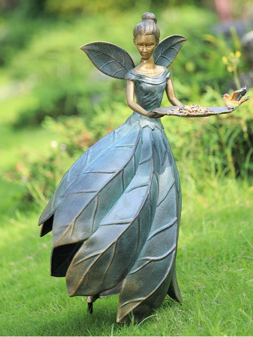 Garden Fairy Statue Sculpture in Green and Bronze